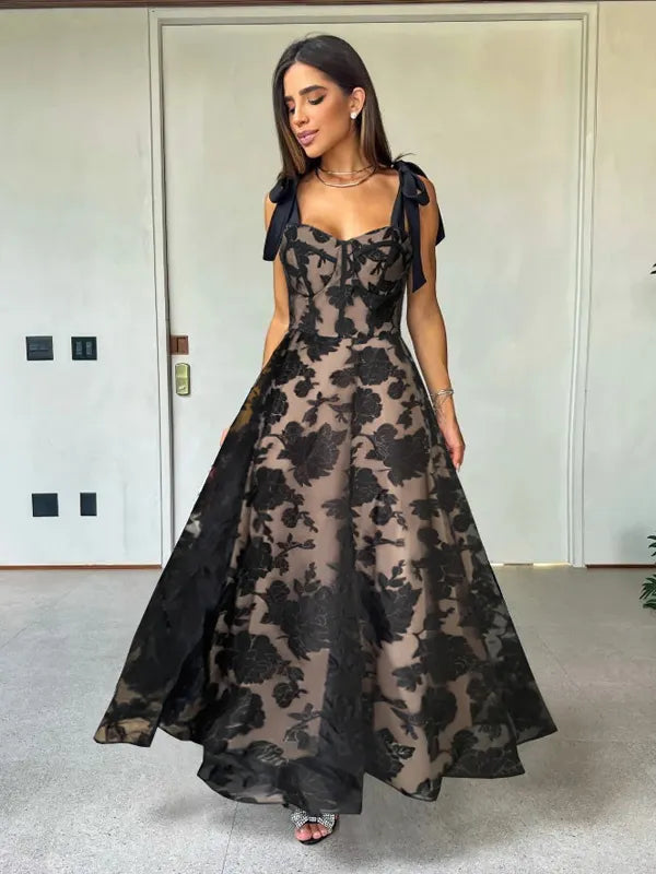 Weitese Dress A-Line Dress Sweetheart Neckline Sleeveless Romantic Flower Printed Party Prom Maxi Dresses